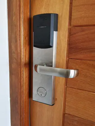 Electronic door lock on a wooden door