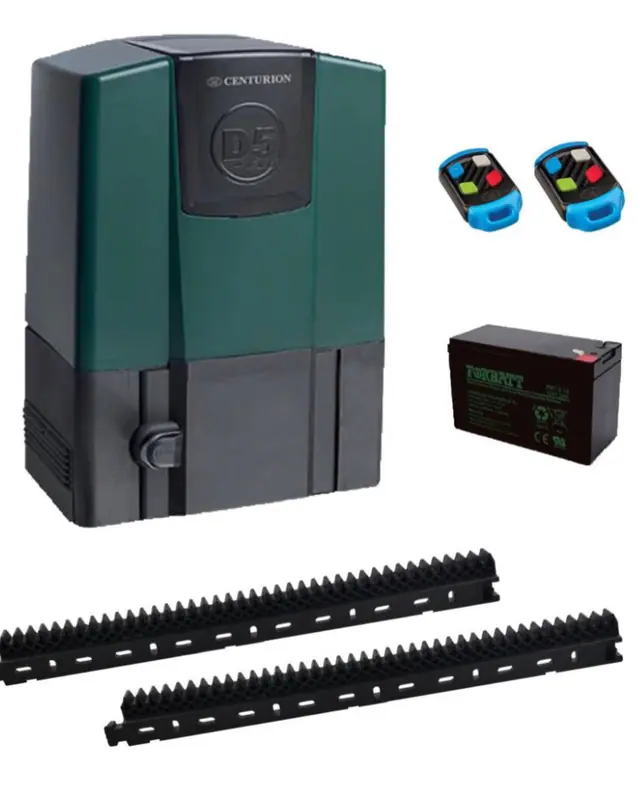 Sliding gate motor kit with remotes, battery and gear rack